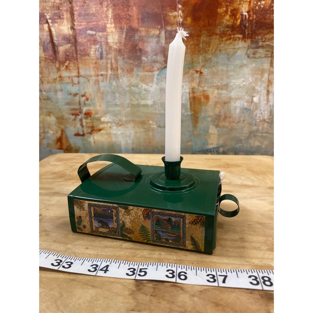 Vintage Green Metal Candle Holder Storage Tin Box Rustic Lodge Bear Nature Print
